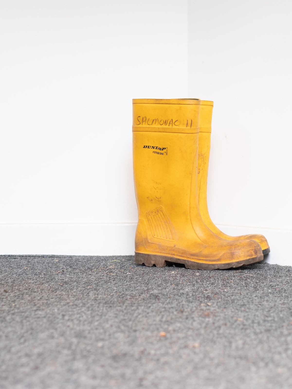 Aqualife Team Member Wellies in the office space on grey carpet